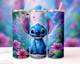Stitch Tumbler Wrap PNG, 20oz smal tumbler sublimering, tecknad film akvarell design, digital nedladdning för Cricut & Silhouette