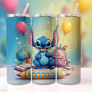 May include: Three stainless steel tumblers with straws, each featuring a cartoon Stitch design. The design includes Stitch, balloons, a globe, a backpack, and the word "STITCH" on a pencil. The tumblers have a colorful background.