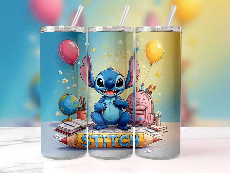 May include: Three stainless steel tumblers with straws, each featuring a cartoon Stitch design. The design includes Stitch, balloons, a globe, a backpack, and the word "STITCH" on a pencil. The tumblers have a colorful background.