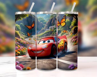 Lightning McQueen Tumbler 20oz with Straw Cars Movie Scenic Design Disney Pixar Insulated Water Bottle Butterfly & Flower Cup Kids Gift