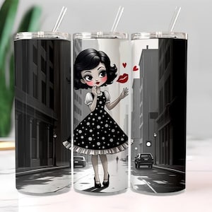 3D Cute Betty Boop Kiss Tumbler Wrap PNG, 20oz Skinny Straight & Tapered Sublimation Design, Retro Love Cartoon Valentine Cup Wrap