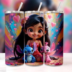 3D Lilo, Angel and Stitch Love Tumbler Wrap PNG, 20oz Skinny Straight & Tapered Sublimation Design, Cute Couple Digital Download