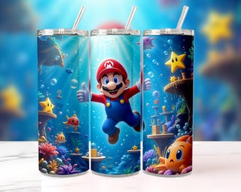 Vaso delgado de 20 oz con pajita de Mario Submarino / Copa Super Mario Ocean / Regalo para jugadores de Nintendo / Taza de viaje de acero inoxidable para fanáticos
