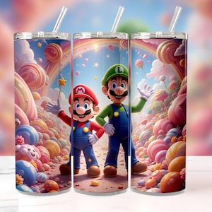 Mario & Luigi 20 Unzen Skinny Becher mit Strohhalm | Super Mario Regenbogen Tasse | Nintendo Gamer Geschenk | Edelstahl Reisebecher