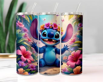 Stitch Tumbler Wrap PNG 20oz | Lilo and Stitch Watercolor Floral Sublimation Design | Cute Disney Skinny Cup Digital Download