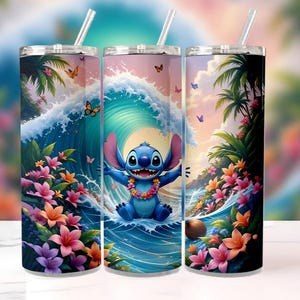 Happy Stitch Summer Tumbler Wrap PNG, 20oz Skinny Cartoon Beach Tumbler Sublimacja, Cute Stitch Digital Download dla Cricut
