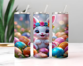 Cute Easter Bunny Tumbler Wrap, Sparkly Easter 20oz Skinny Tumbler Sublimation Design PNG, Happy Easter Eggs Trendy Tumbler PNG Download