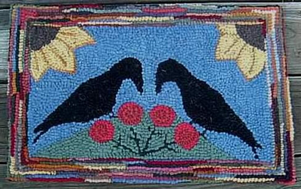 Primitive Gossiping Crows Rug Hooking Kit With Cut Wool Fabric Strips ...