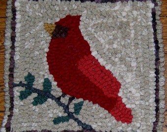Cardinal on Oats  Background Primitive Rug Hooking Kit with Cut Wool Strips Great for Beginners