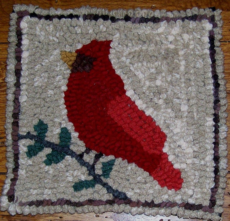 Cardinal on Oats  Background Primitive Rug Hooking Kit with Cut Wool Strips Great for Beginners