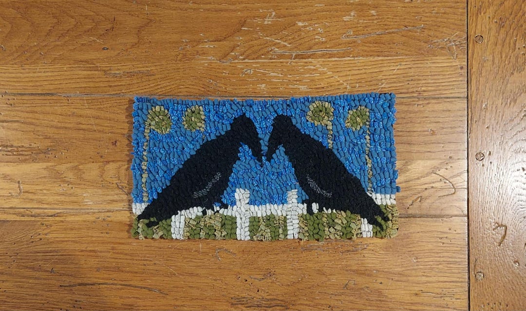 Crows and Fiddle Heads Primitive Rug Hooking Kit With Cut Wool Fabric ...