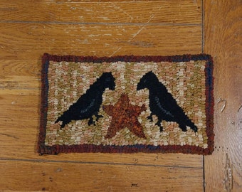 Crows with Rusty Star Rug Hooking Kit with #8 cut wool fabric strips on Cotton Monks Cloth (good for beginners)