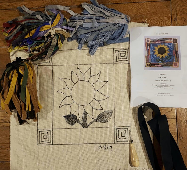 Sunflower Primitive Rug Hooking Kit With #8 Cut Wool Fabric Strips by ...