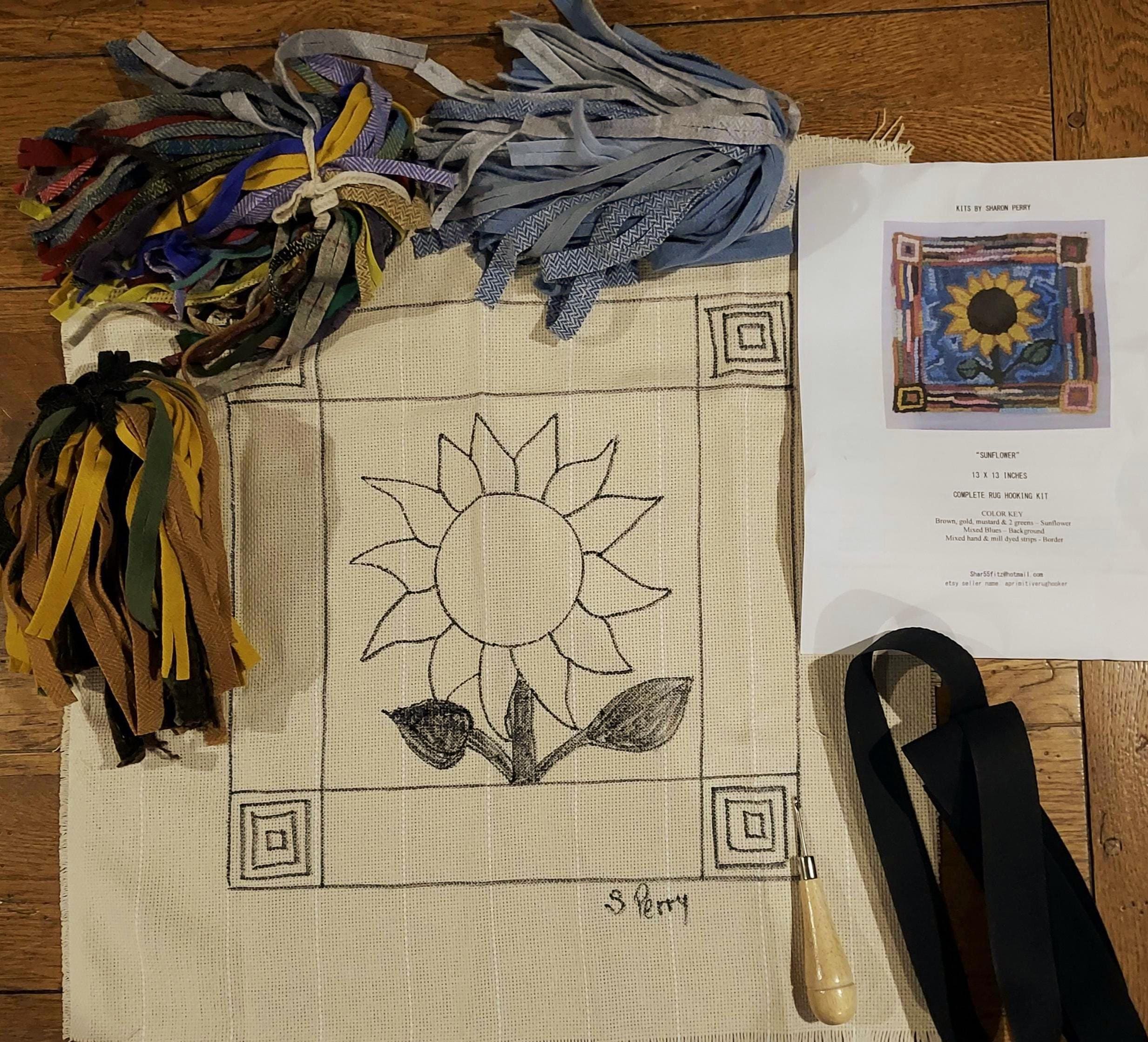 Sunflower Primitive Rug Hooking Kit With #8 Cut Wool Fabric Strips by ...