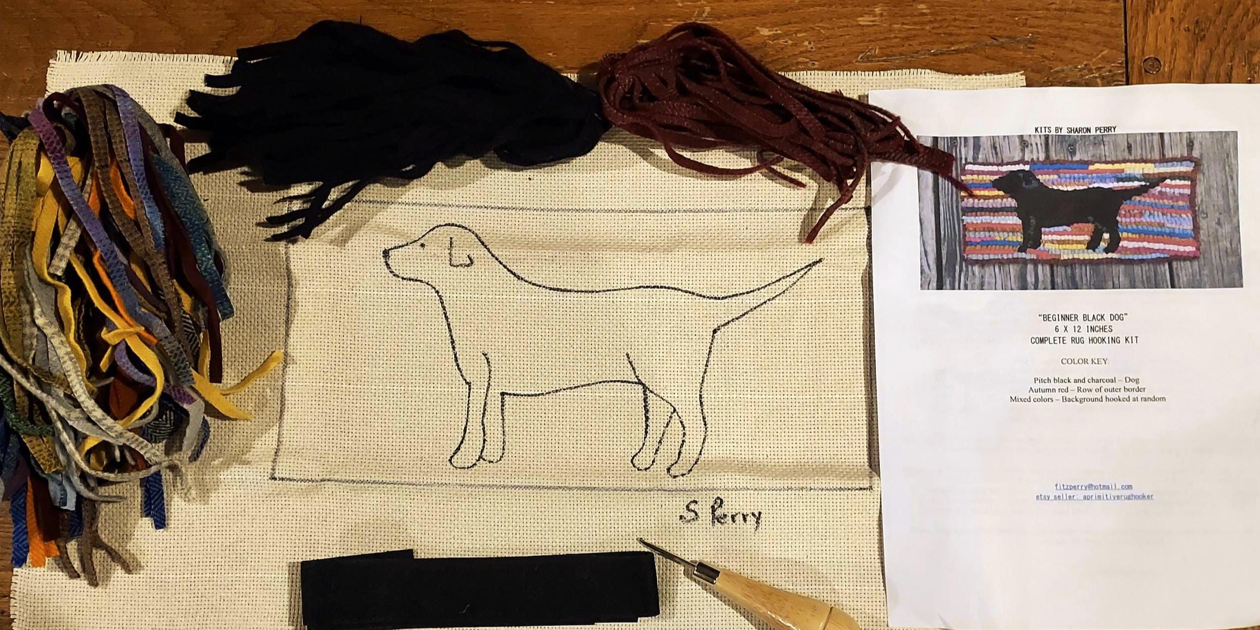 Labrador Hand Hooked Rug Black Labrador Dog Beginner Primitive Rug Hooking Kit With Cut Wool ...