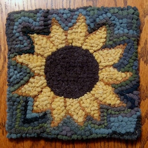Beginner Sunflower on Mixed Greens Background  Primitive Rug Hooking Kit on Cotton Monks Cloth with cut wool fabric strips