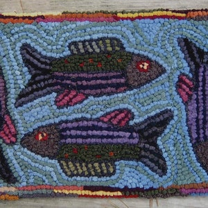 Fishing for Compliments Primitive Rug Hooking Kit with #8 Cut Wool Fabric Strips on Cotton Monks Cloth