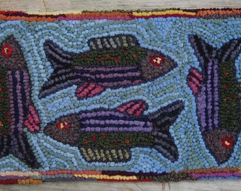 Fishing for Compliments Primitive Rug Hooking Kit with #8 Cut Wool Fabric Strips on Cotton Monks Cloth