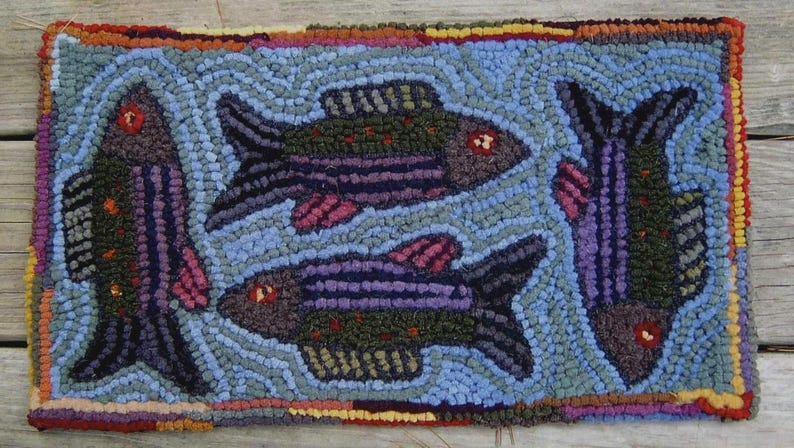 Fishing for Compliments Primitive Rug Hooking Kit with #8 Cut Wool Fabric Strips on Cotton Monks Cloth image 1