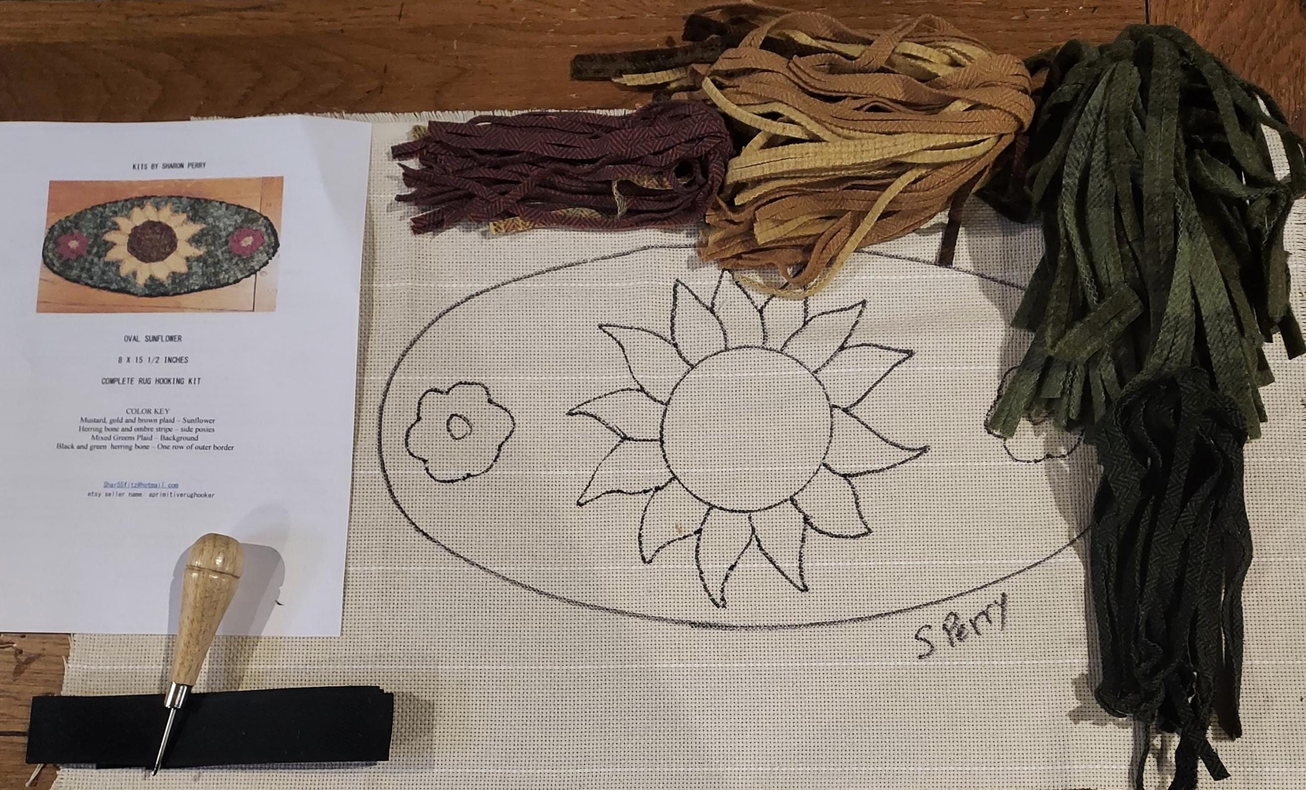 Sunflower & Posies Oval Primitive Rug Hooking Kit With #8 Cut Wool ...