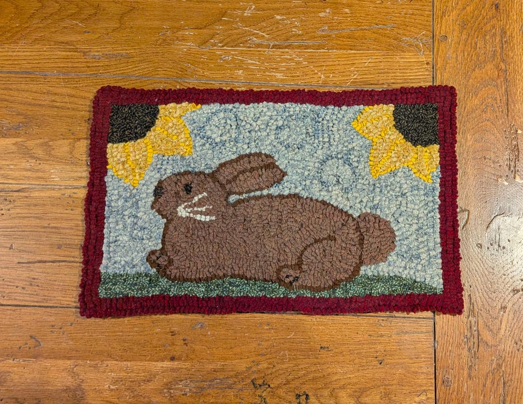 Hooked Rugs With Rabbits Rabbit With Sunflowers Primitive Rug Hooking Kit With #8 Cut Wool ...