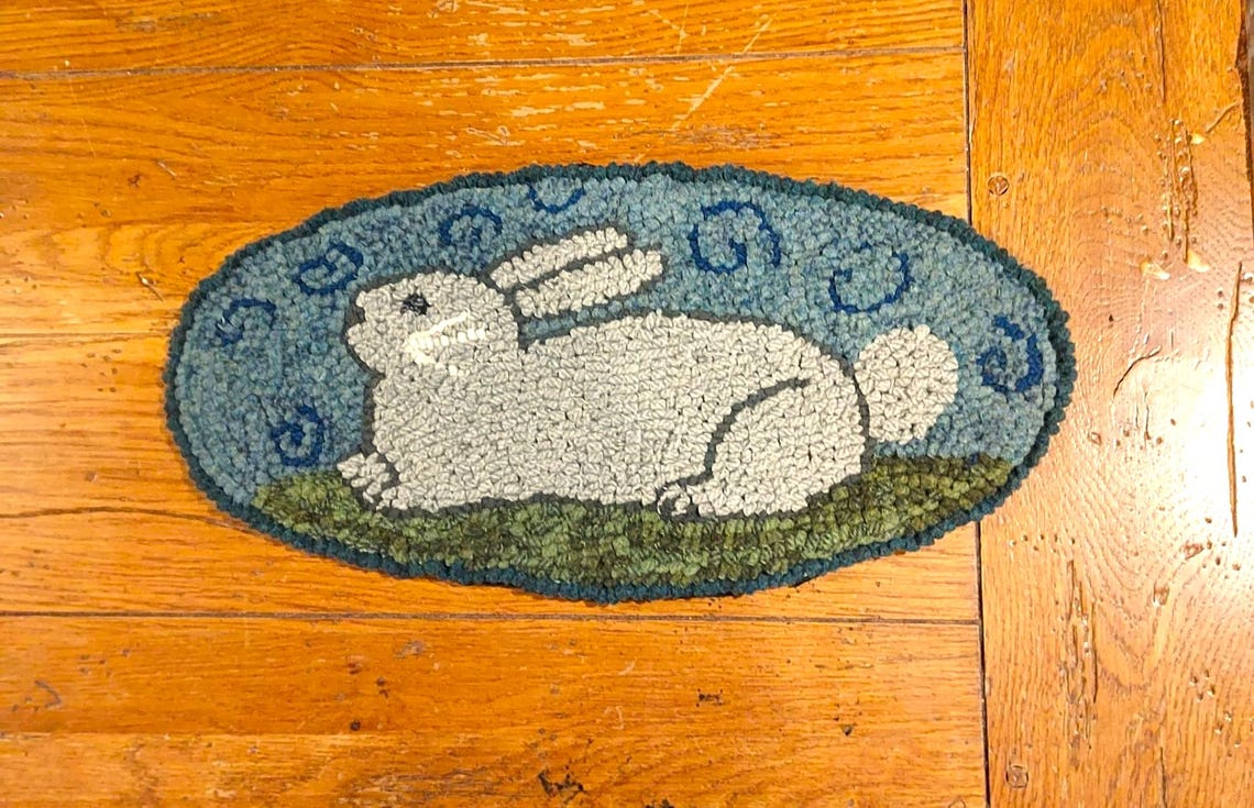 Rabbit Hook Rug Resting Rabbit Oval Primitive Rug Hooking Pattern on Cotton Monks Cloth ...
