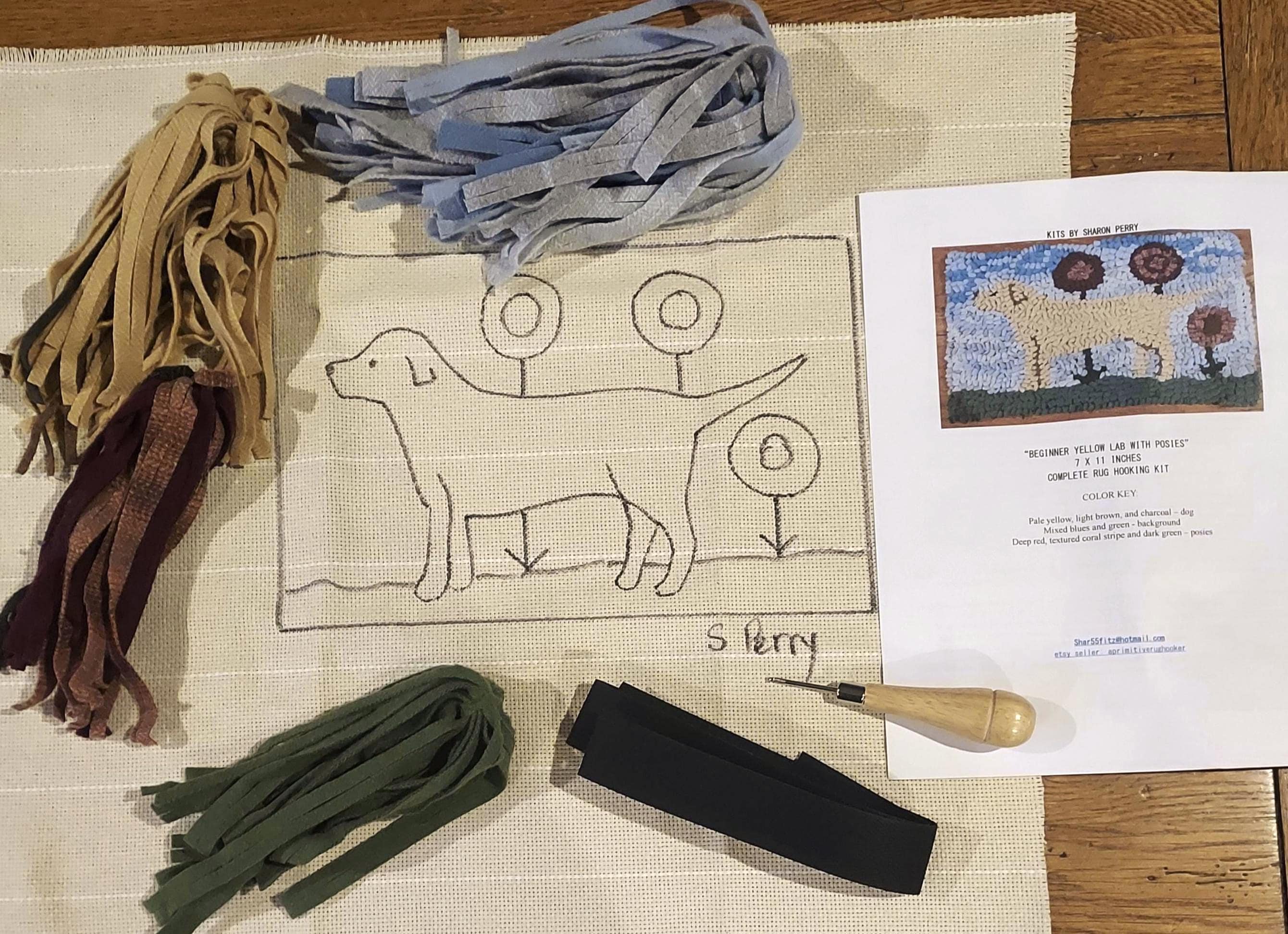 Labrador Hand Hooked Rug Yellow Labrador Dog With Posies Beginner Primitive Rug Hooking Kit With ...