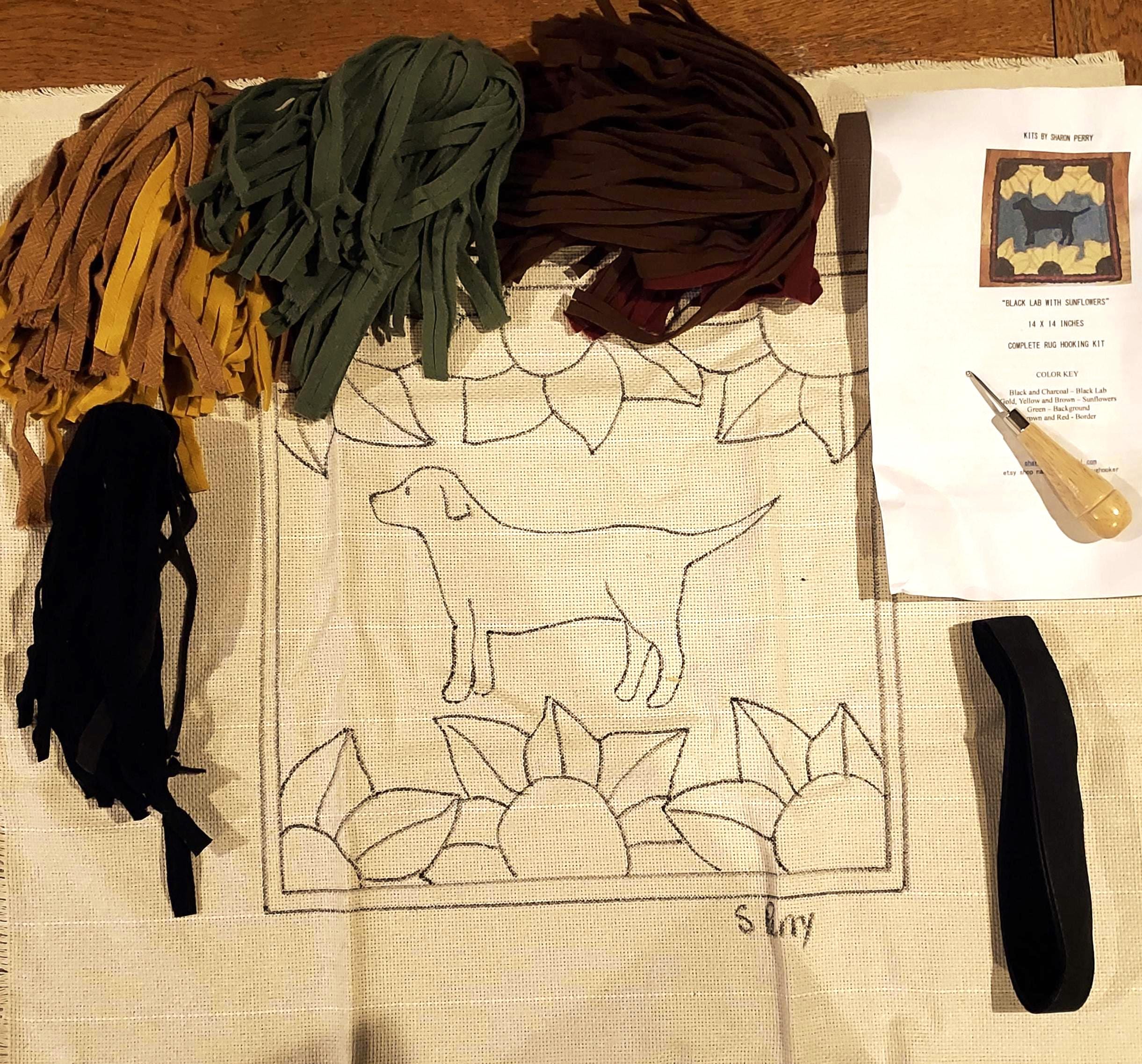 Labrador Hand Hooked Rug Black Labrador Dog Complete Primitive Rug Hooking Kit With Cut Wool ...