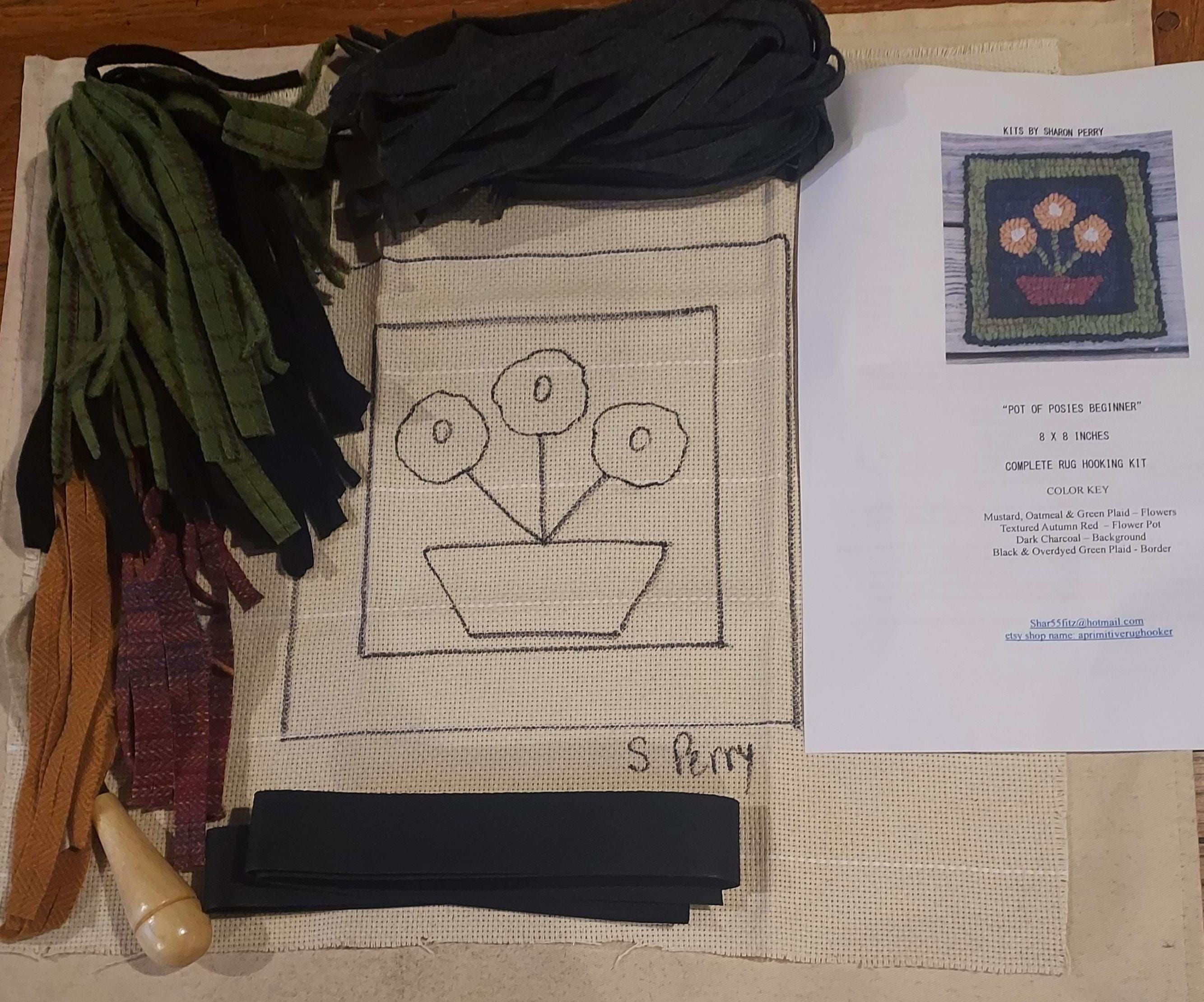 Beginner Pot of Posies Primitive Rug Hooking Kit With #8 Cut Wool ...