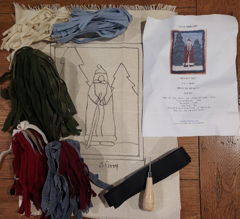 May include: A complete rug hooking kit featuring a Santa Claus design with two trees. The kit includes a canvas with a printed design, wool yarn in various colors, a rug hooking needle, and a metal border. The kit is titled "Santa with Trees" and measures 8 x 10 inches.