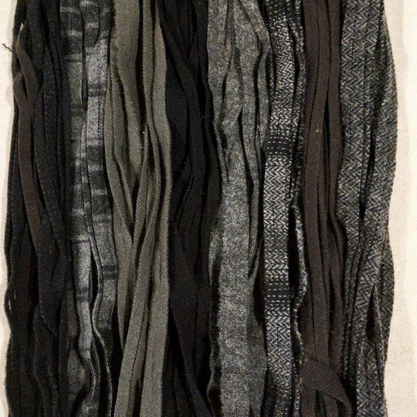 100 #8 Blacks, charcoals & deep dark chocolate grab bag felted rug hooking or punch needle wool fabric strips