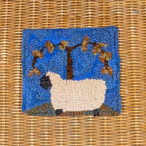 Beginner Sheep Under Tree Primitive Rug Hooking Kit with #8 Cut Wool Strips by Sharon Fitzpatrick Perry