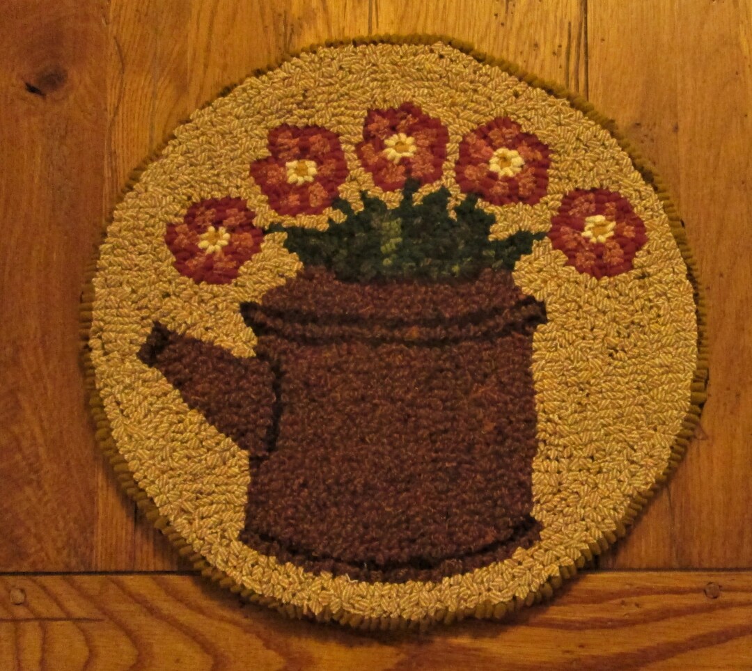 Round Watering Can of Posies Rug Hooking Kit With #8 Cut Wool Strips by ...