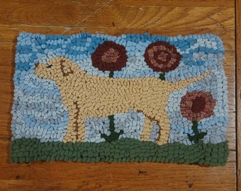 Yellow Labrador Dog with Posies  Beginner Primitive Rug Hooking Kit with Cut Wool Fabric Strips