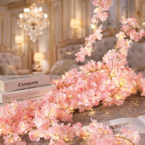 May include: Pink artificial cherry blossom garland with small lights. The garland is draped over a surface with two books that read "Company" and "The art of libraries". The background features a chandelier and a bed.