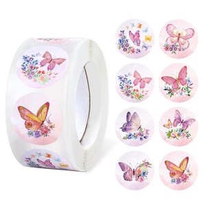Rolo de adesivos de borboleta 500 unidades | Etiquetas redondas multicoloridas para envelopes, selos de casamento e decorações de festa