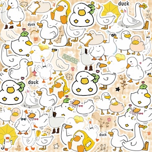 Peut inclure: Une collection d'autocollants de canards blancs représentant divers canards de dessin animé dans différentes poses, certains portant des accessoires comme des lunettes, des nœuds papillon ou des chapeaux, avec le mot duck écrit en noir.
