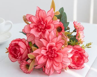 Silk Dahlia Rose Daisy Artificial Flower | Wedding Bouquet Home Decor | DIY Box, Party & Bridal Floral Arrangement