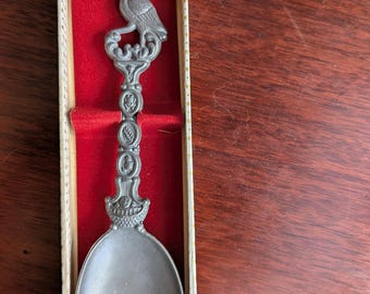 Vintage Dutch Antiqued Pewter Stork Baby Shower Gift Spoon Holland