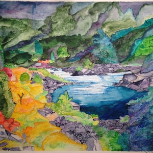 May include: Watercolor painting of a river flowing through a lush green forest. The river is a vibrant blue, and the forest is a mix of greens, yellows, and oranges. The painting has a dreamy, ethereal quality.
