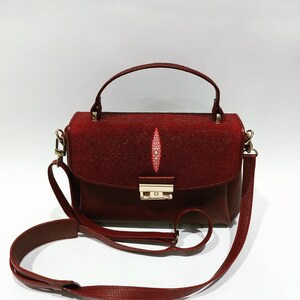 May include: A burgundy leather handbag with a top handle and a detachable shoulder strap. The bag features a textured finish and a central, light-colored, oval-shaped design. It has a gold-colored clasp and hardware.