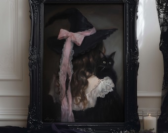 Victorian Witch and her Familiar | Printable Witchy Wall Art, Moody Vintage Witchcraft Decor (Digital Download)