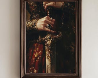 Épée de la reine dragon | Décoration murale pour coin livres, impression d'art académique sombre livresque, cadeau rat de bibliothèque, peinture esthétique victorienne, portrait royal