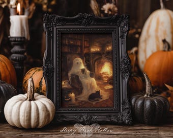 May include: A framed print with a black ornate frame depicts a ghost relaxing by a fireplace, holding a cup. The scene is set in a cozy room with a black cat, candles, and pumpkins. The print is surrounded by pumpkins and candles.