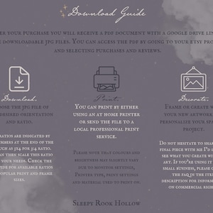 May include: A downloadable guide with instructions for accessing and printing digital art files. The guide includes icons for download, print, and decorate, with text explaining each step. The background is a muted purple with a starry design.