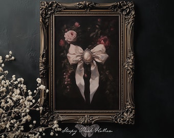 Dark Coquette Bow | Printable Wall Art, Moody Floral Room Decor, Dark Cottagecore Aesthetic Print, Victorian Gothic Painting, Vintage Style