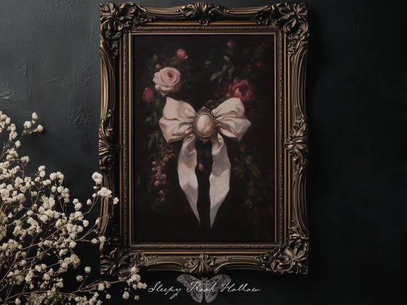 Dark Coquette Bow | Printable Wall Art, Moody Floral Room Decor, Dark Cottagecore Aesthetic Print, Victorian Gothic Painting, Vintage Style