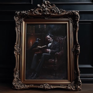 May include: Ornate, gold-framed artwork depicting a man reading, with a raven perched nearby. The painting has a dark, gothic aesthetic, with a seated figure in a dimly lit room. The frame is elaborately carved.