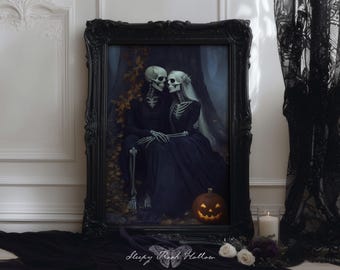 May include: A framed artwork depicts two skeletons embracing, set against a dark, atmospheric backdrop. The black frame surrounds the image, which includes a carved pumpkin and the text "Sleepy Rock Hollow". The scene evokes a gothic or Halloween theme.