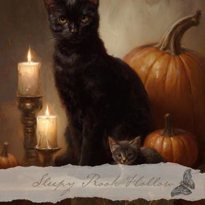 Cat Familiars | Witchy Printable Art, Halloween Decoration, Dark Autumn Wall Decor, Moody Fall Pumpkin Painting, Victorian Gothic Print image 2
